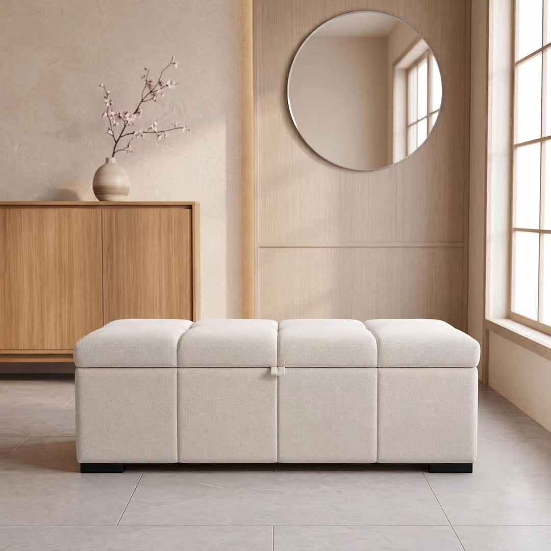 Modern Bed End Bench 47.2 Inch, Upholstered Storage Ottoman for Bedroom and Living Room, Rectangular Storage Bench for Entryway and Office, Beige
