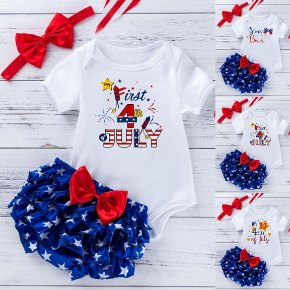 Nwiuh 4th of July Baby Girl Outfits My First Independence Day Romper Layered Ruffle Shorts Cute Bow Headband Clothing Set(12-18 Months, Blue)