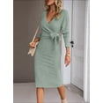 thumbnail image 6 of Women'S Long Sleeve Sweater Dress Side Split Bodycon Dresses Fall Midi Long Deep V Neck Fitted Spring Light Green XXL, 6 of 8