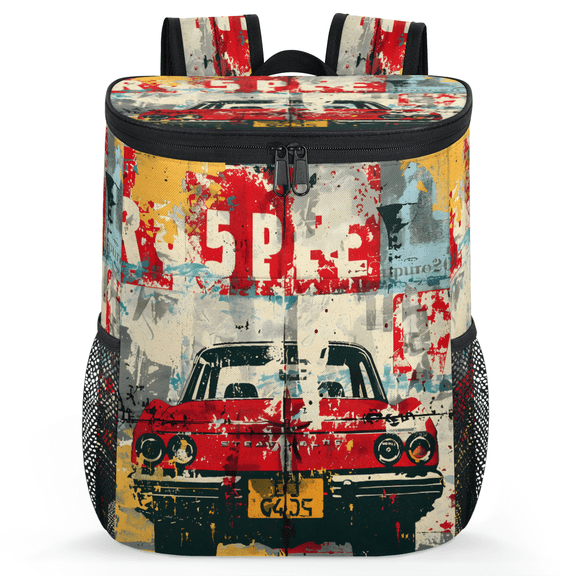 Jiaoprinted Old Red Truck Car Portable Leakproof Cooler Backpack, Vintage Truck Insulated Backpack Cooler for Picnic Camping