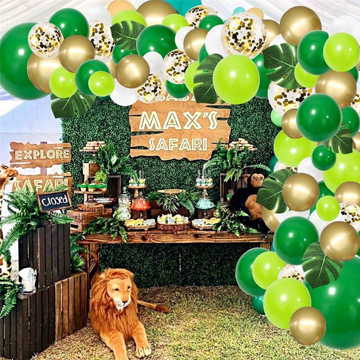 268Pcs Jungle Balloon Arch Green Balloon Decoration, with Artificial Tropical Palm Leaves for Birthday