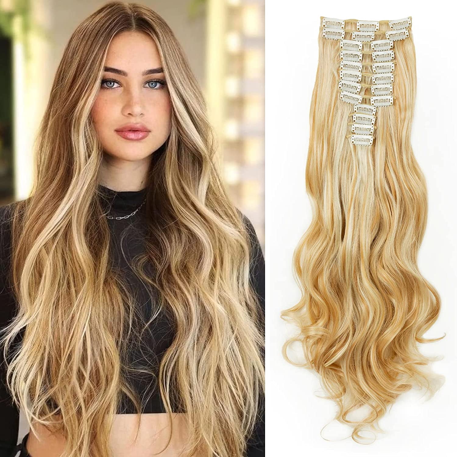 Clip in Hair Extension Long 22inch Blonde Highlighted Bleach Curly Full