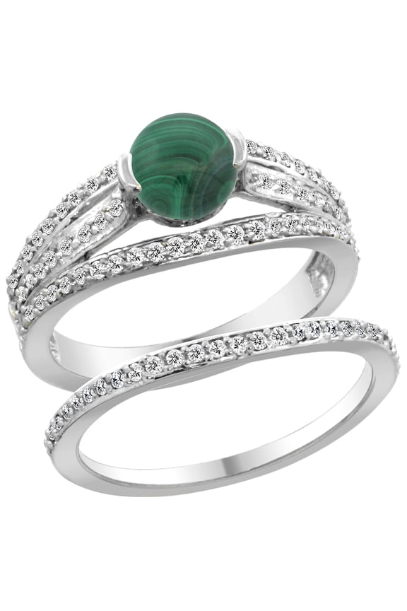 14K White Gold Natural Malachite 2-piece Engagement Ring Set Round 6mm, size 5