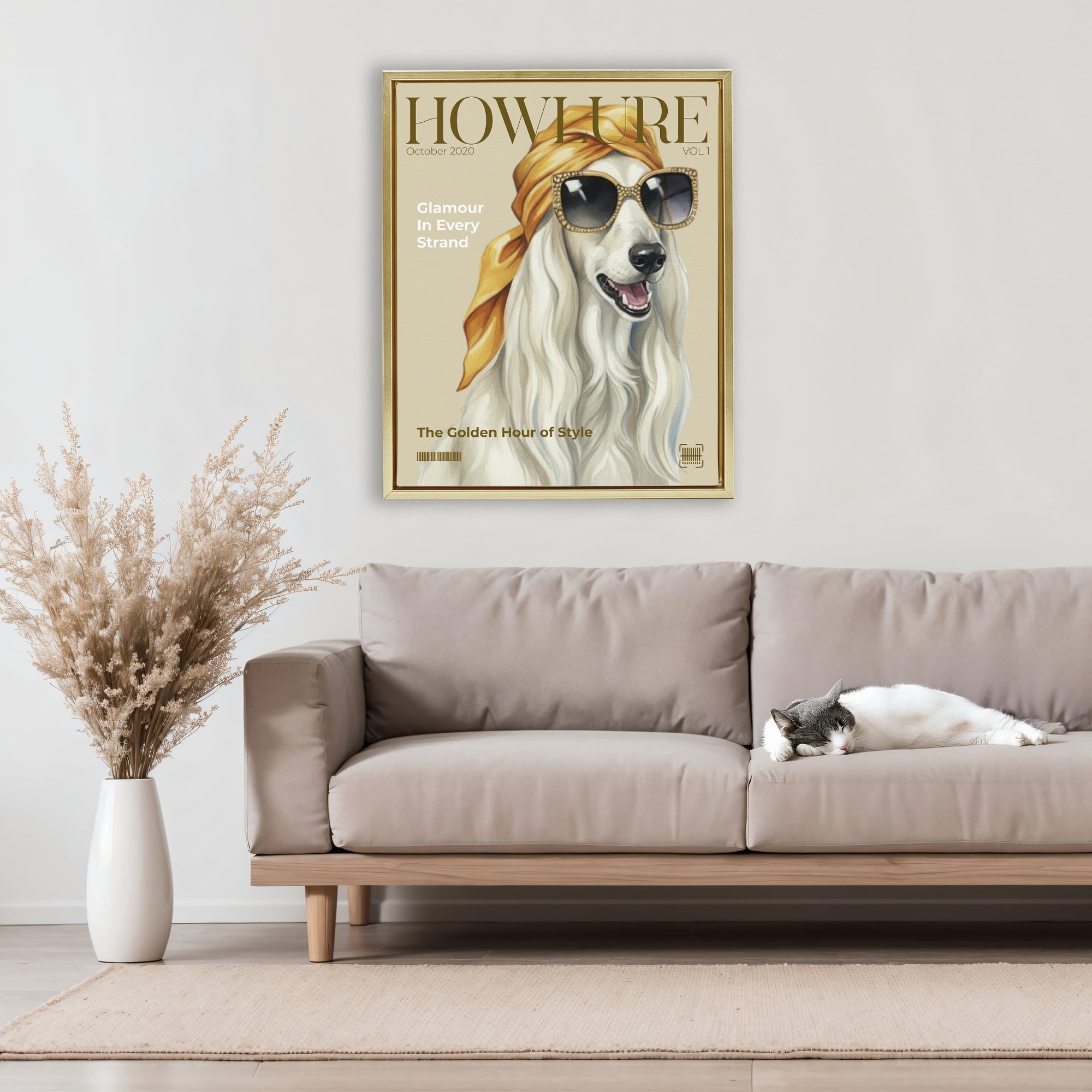 Stupell Industries Howlure Dog Fashion Magazine Gold Framed Floater Canvas Wall Art, design by A Barefoot Stylist