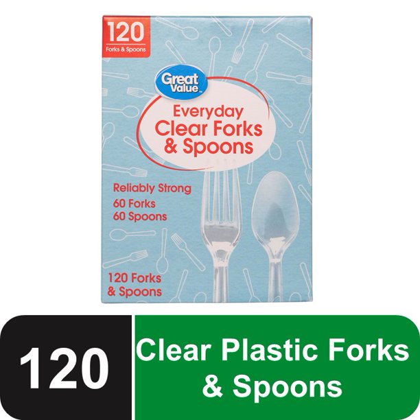 Great Value Everyday Disposable Plastic Forks & Spoons, Clear, 120