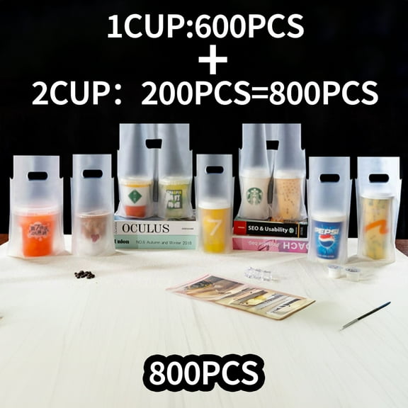 800Pcs 700ML (1-cup 6.3x11in) (2-cup 12.6x11in) Frosted Clear Handle Drinking Poly Bags Milk Tea Packing Bag Plastic Packaging Bags For Food/Drink/Coffee Delivery Portable Take Out Bags