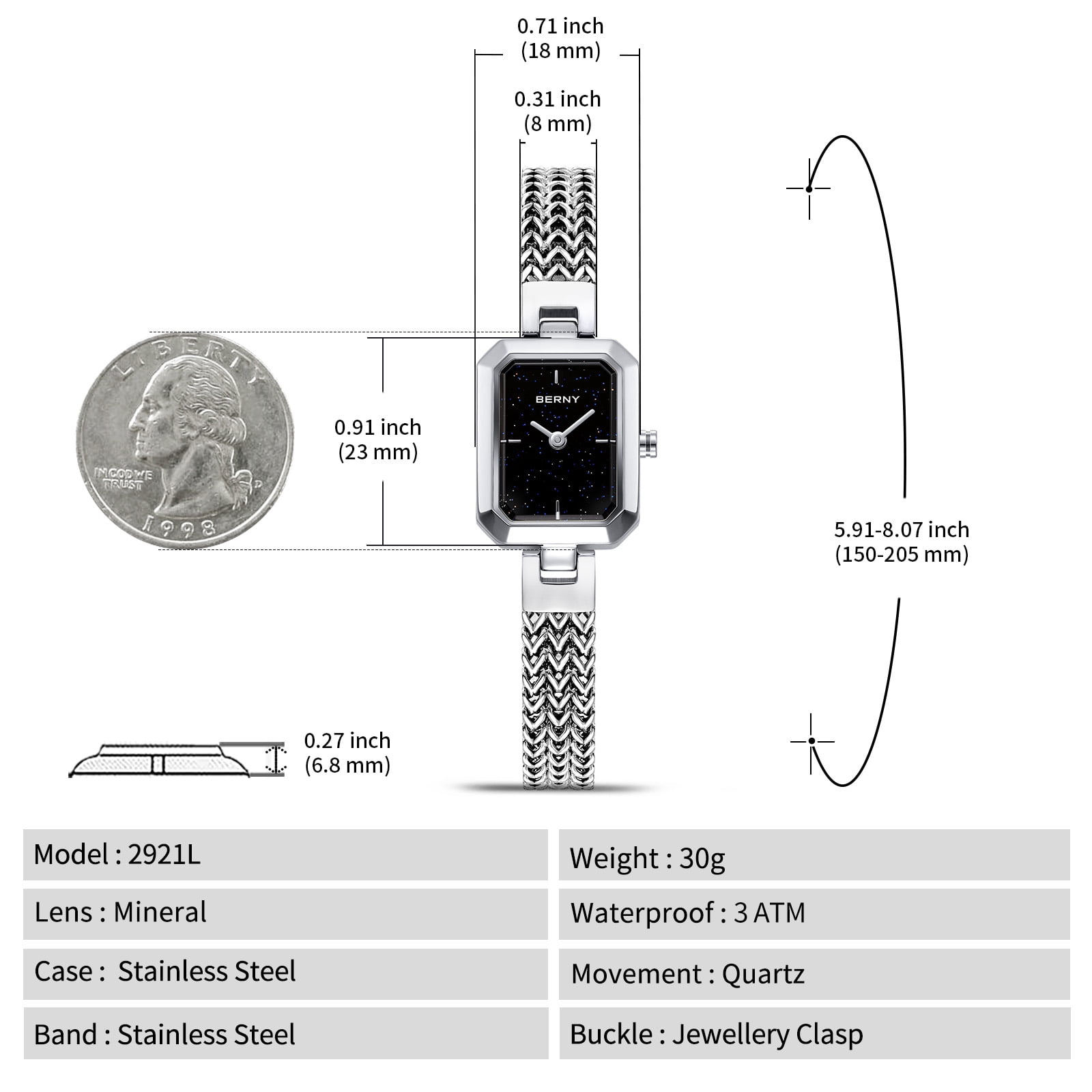 BERNY Small Silver Watches for Women, Dainty Minimalist Quartz Watch with Square Dial, Bracelet Band, Waterproof Watch Mother's Day Gift for Women (Black)