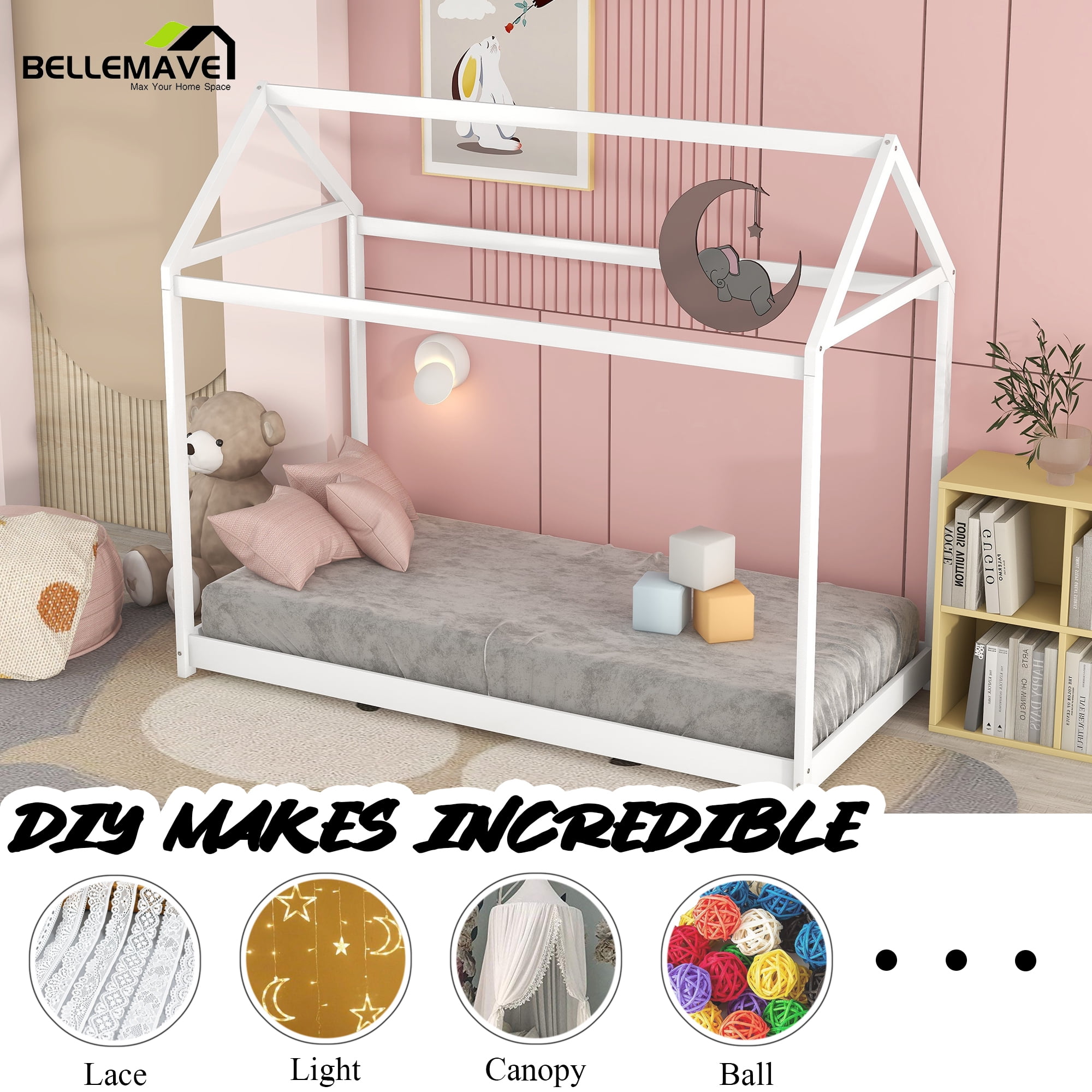 Bellemave Wood Twin Size  House Bed Frame, Montessori Floor Bed, No Box Spring Needed (White)