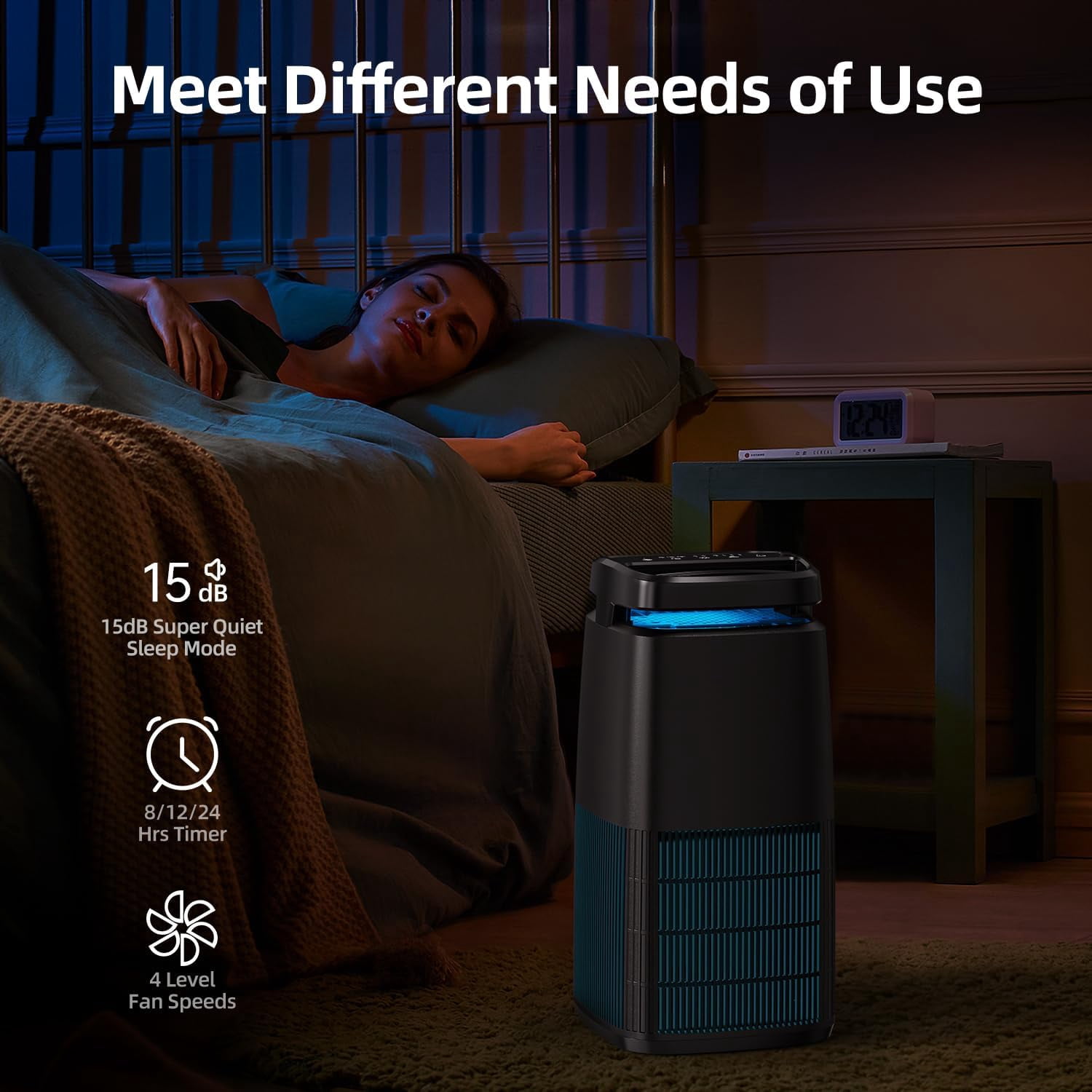 4-in-1 Purifier with H13 HEPA Filter, Light & Ionizer for Home Bedroom