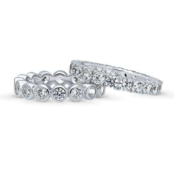 BERRICLE Sterling Silver Bubble Wedding Rings Bezel Set Round Cut Cubic Zirconia CZ Eternity Ring Set for Women, Rhodium Plated Size 4