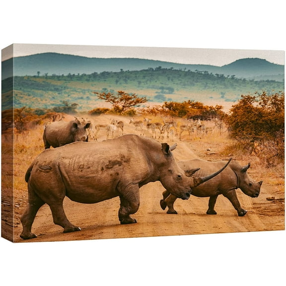 wall26 Canvas Print Wall Art African Savanna Safari Jungle Rhino Stampede Nature Animals Photography Realism Rustic Scenic Landscape Wilderness Zen Colorful for Living Room, Bedroom, Office - 32&quot