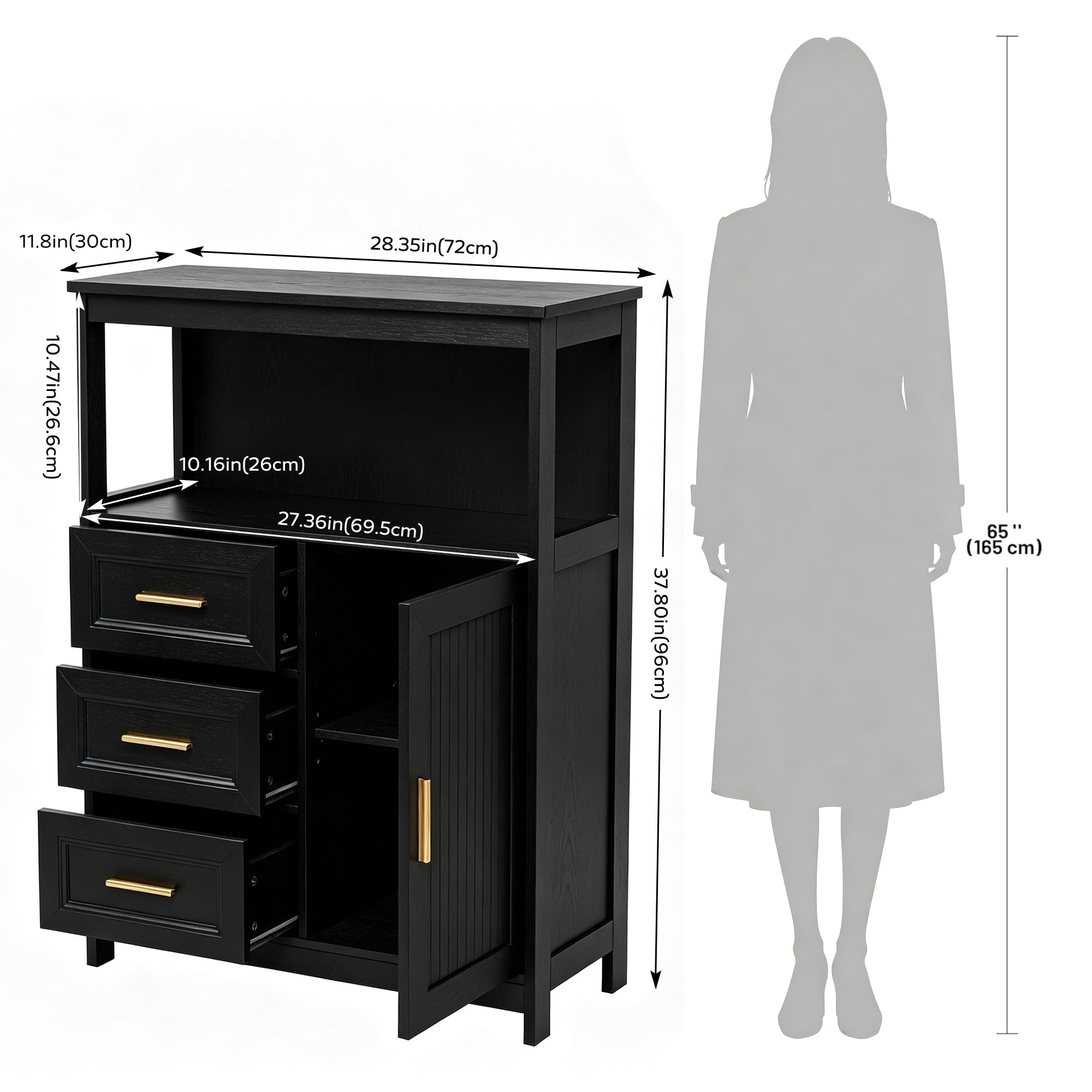 Kitchen Storage Cabinet, modern Buffet Cabinet , Storage with 3 Drawers and 1 Doors,Floor Sideboard Buffet for Living Room, Dining Room, Bathroom,(BLACK Color)