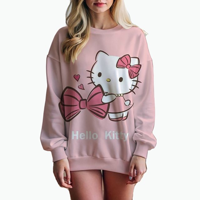 Sudadera con estampado de gran tamaño para mujer, sudadera holgada de estilo anime de otoño 2024, sudaderas con capucha de alta calidad con estampado de Hello Kitty para niña