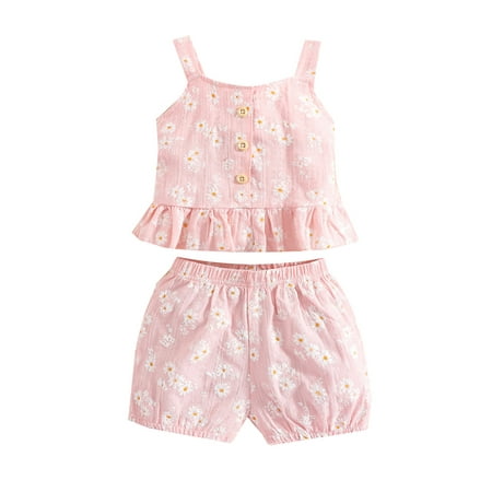 

Canrulo 2pcs Baby Girls Clothes Flowers Printed Ruffles Sleeveless Button Vest Tops+Shorts Sets Pink Daisy 0-3 Months