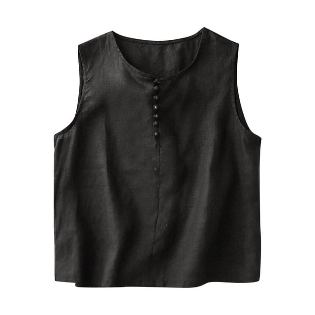 Camisole Sans Manches à Encolure Ronde pour Femmes, Débardeur en Imitation Lin à Boutons devant, Mélange de Polyester, Coupe Décontractée, pour Toutes les Saisons, à la Maison Ou au Quotidien