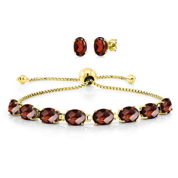 18K Yellow Gold Plated Silver Red Garnet Bracelet and Earrings Jewelry Set for Women | 10.00 Cttw | Gemstone January Birthstone | Oval Checkerboard 7X5MM | Fully Adjustable up to 9 inch