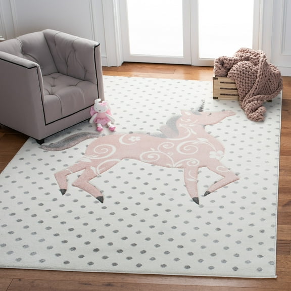 SAFAVIEH Carousel Kids Dalach Unicorn Area Rug, Ivory Gray/Pink, 3' x 3' Square