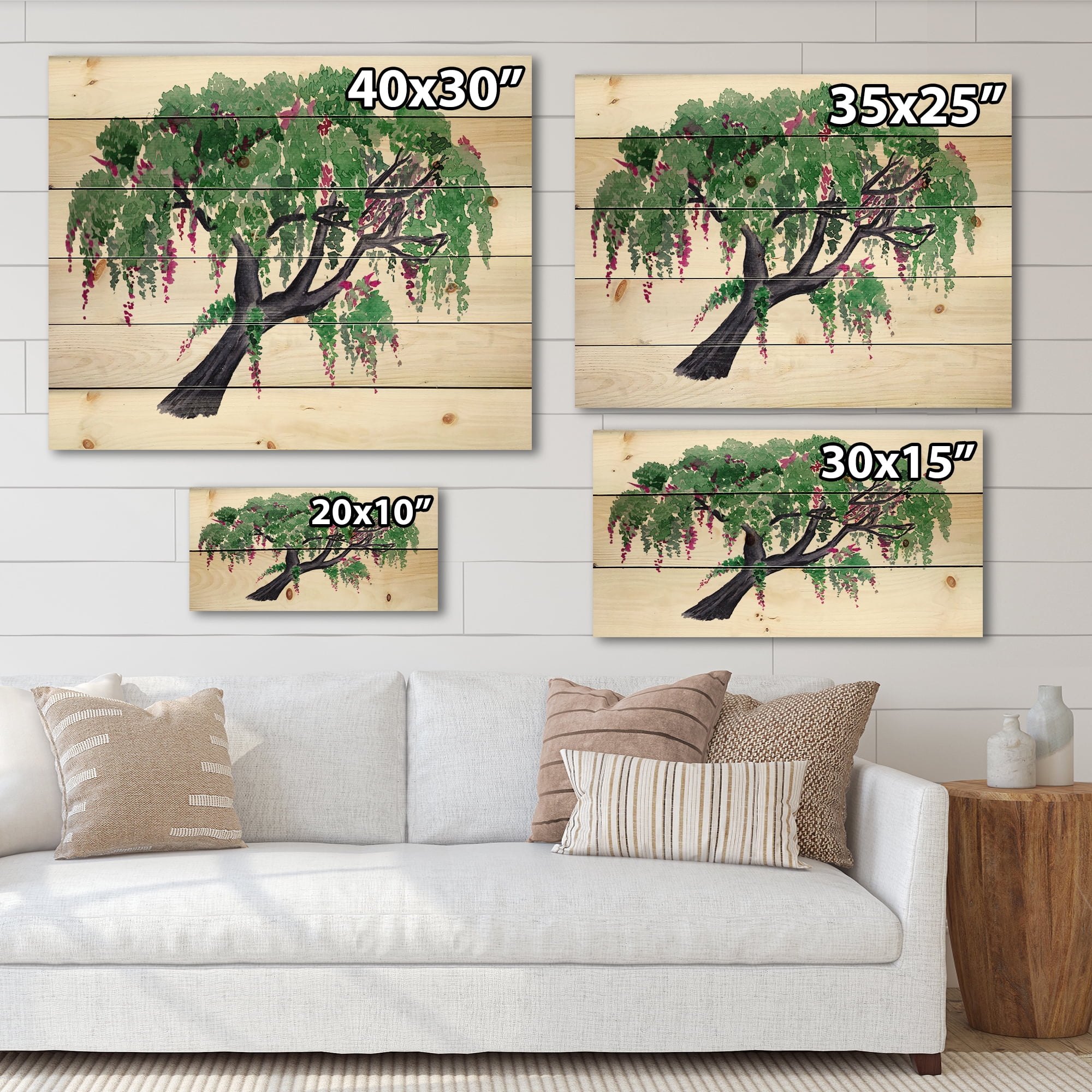 Designart 'A Lonely Tree of Wisteria' Traditional Print on Natural Pine Wood