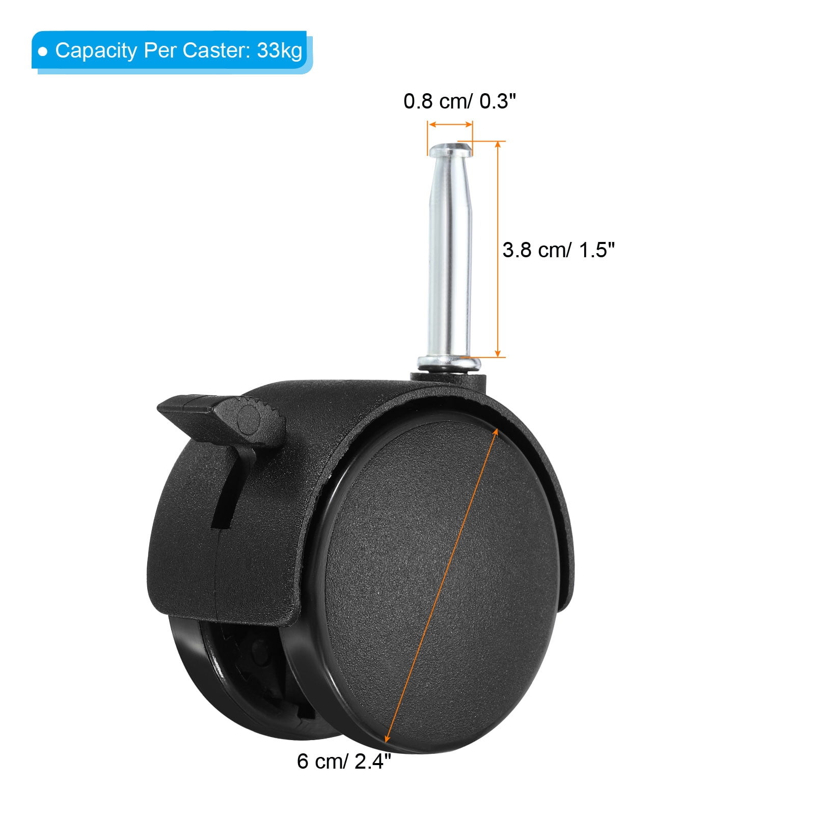 2.4" Swivel Stem Casters Nylon 360 Degree Insert Stem Wheel with Brake, 6 Pack