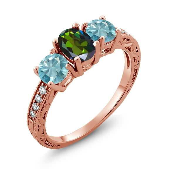 Gem Stone King 2.62 Ct Oval Green Mystic Topaz Blue Zircon 18K Rose Gold Plated Silver Moissanite Ring (Size 8)