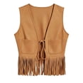 thumbnail image 4 of Wang6 Women's Boho Suede Fringe Top Sleeveless Tie Front Western Cowgirl Halter Cropped Tank Tops with Pockets 0617liBrown XL, 4 of 5