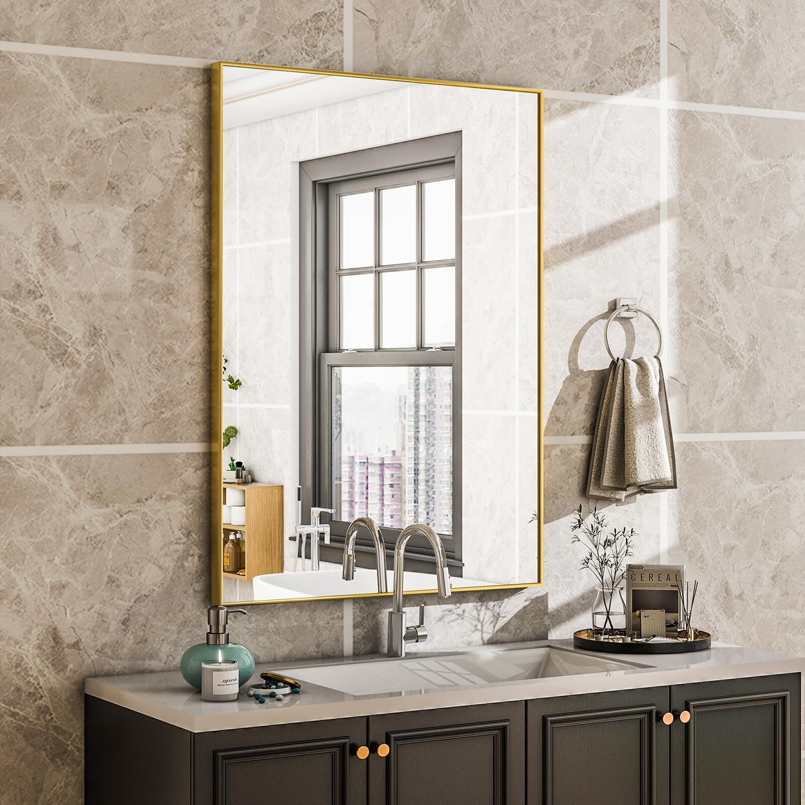 Lumora 28"x 20.3" Rectangular Bathroom Mirror with Aluminium Alloy Frame Wall mirror, Gold