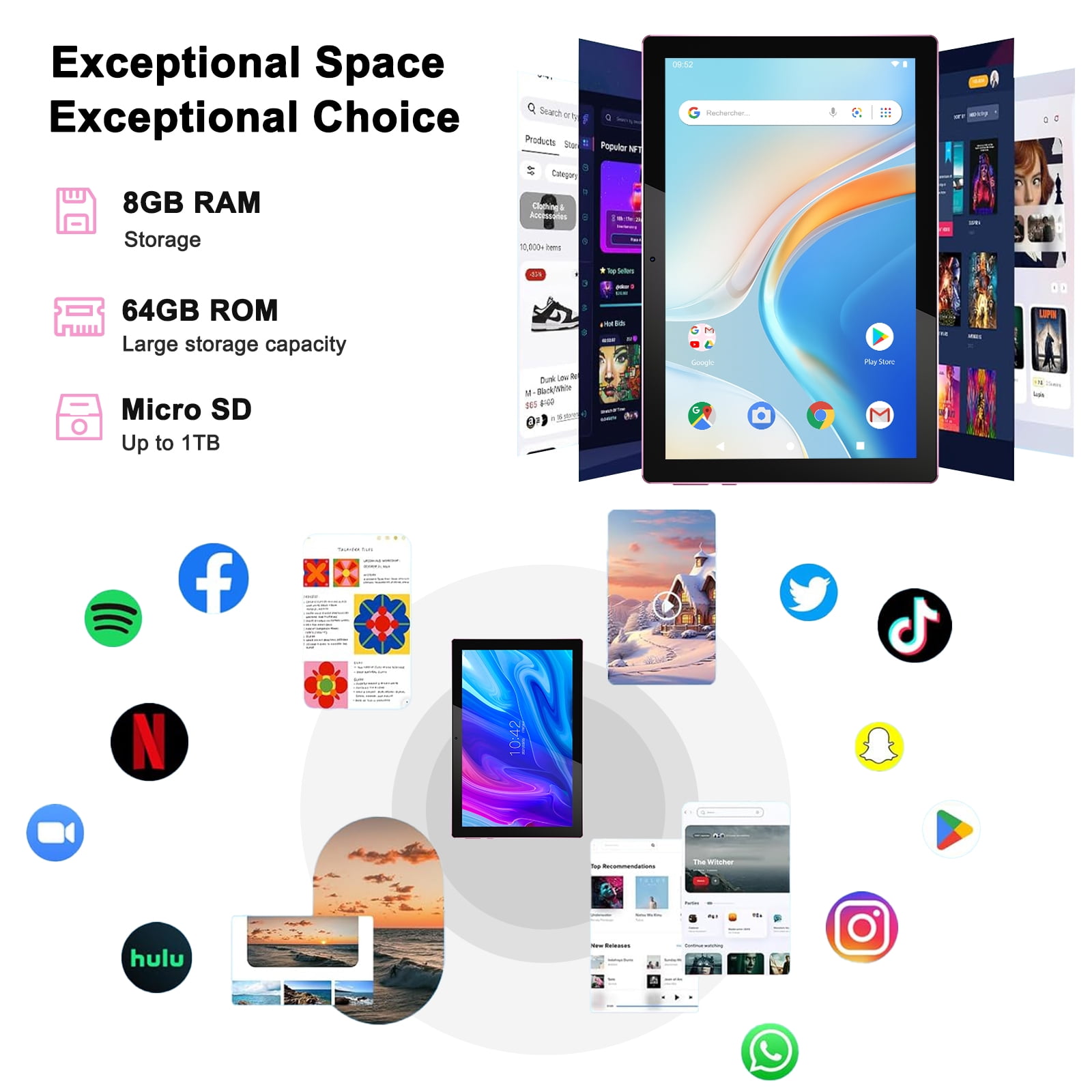 Android 15 Tablet 2 in 1 Tablets 10 Inch Tablet with Keyboard Mouse Case Protective Stylus 10.1" Tab 8GB+64GB Support 1TB Expansion 2MP+8MP Dual Camera 6000mAh Battery Bluetooth WIFI-6, Pink