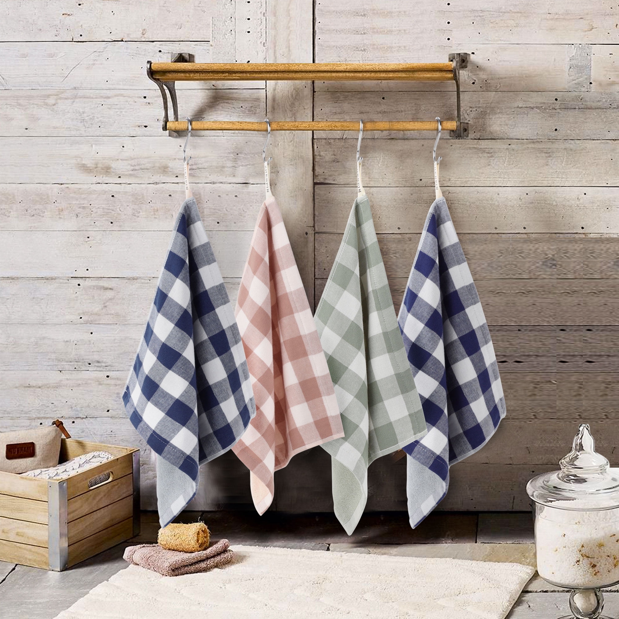 PiccoCasa 100% Cotton Terry Kitchen Towels Set of 6 Plaid Pattern (13 x 29  Inch) Soft Absorbent Drying Dish Towels for Kitchen Cooking - Blue