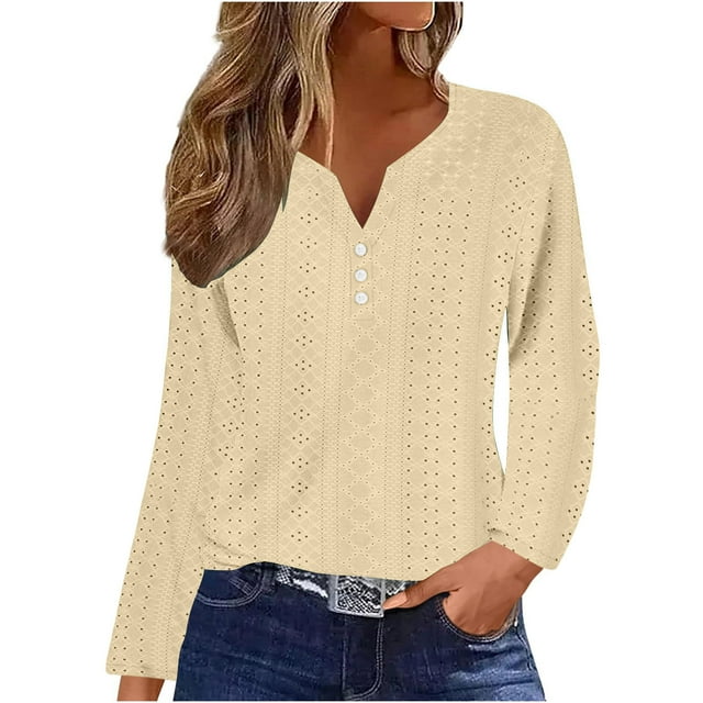 Timegard Eyelet Tops for Women Notched V Neck Button Blouse Dressy Casual Long Sleeve Loose Tops Fall