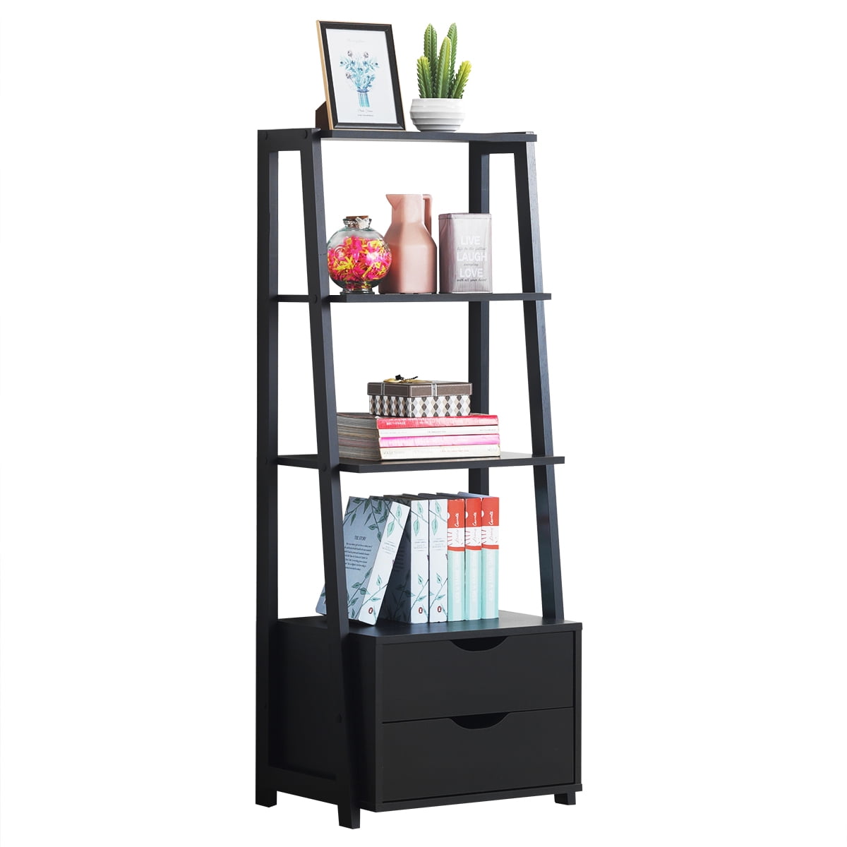 4-Tier Ladder Shelf Bookshelf Bookcase Storage Display Leaning Home Office Decor 