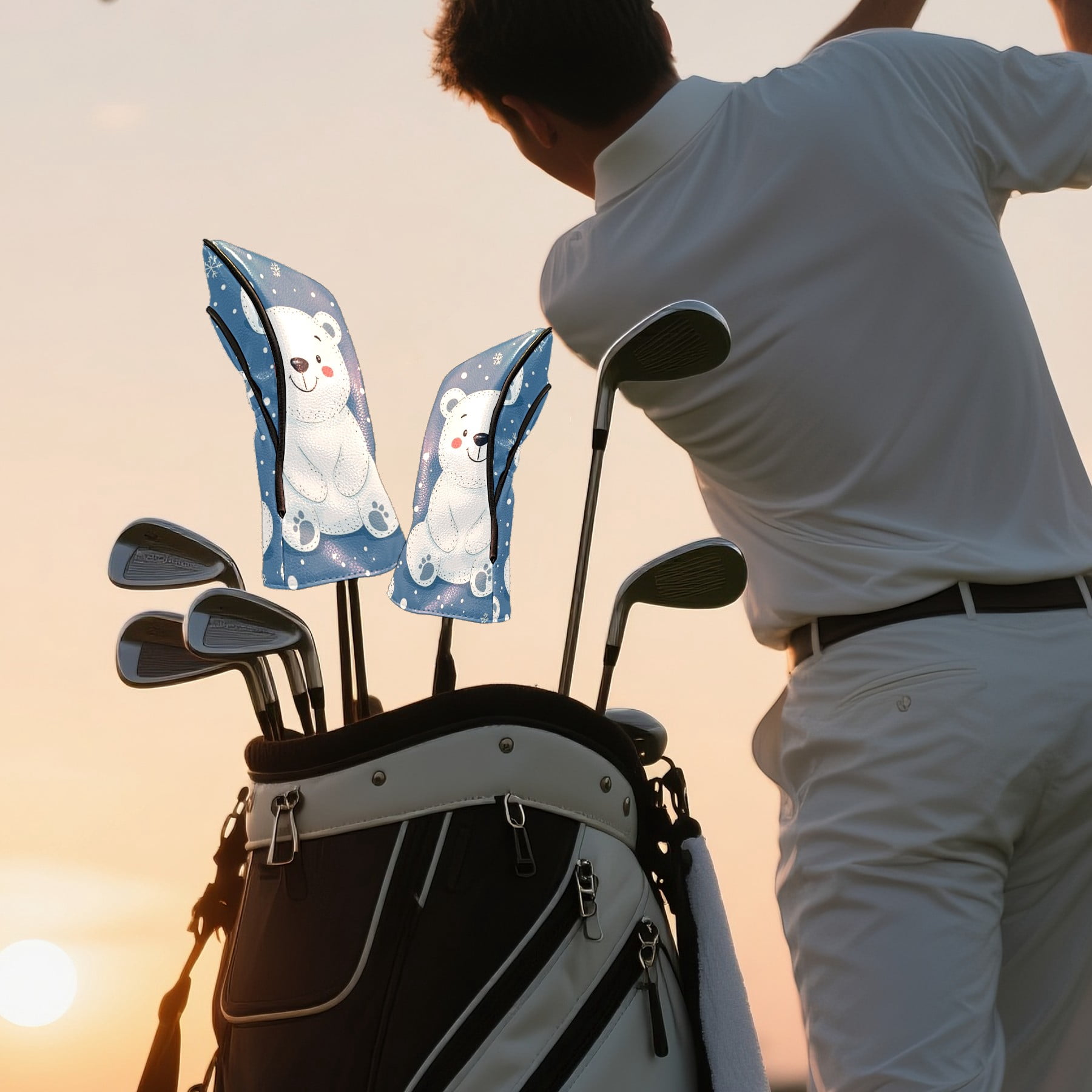Golf Club Head Covers - White Bear Design, PU Leather, Waterproof, Fits Fairway Woods/Hybrid, Unisex, Fits Most Brands