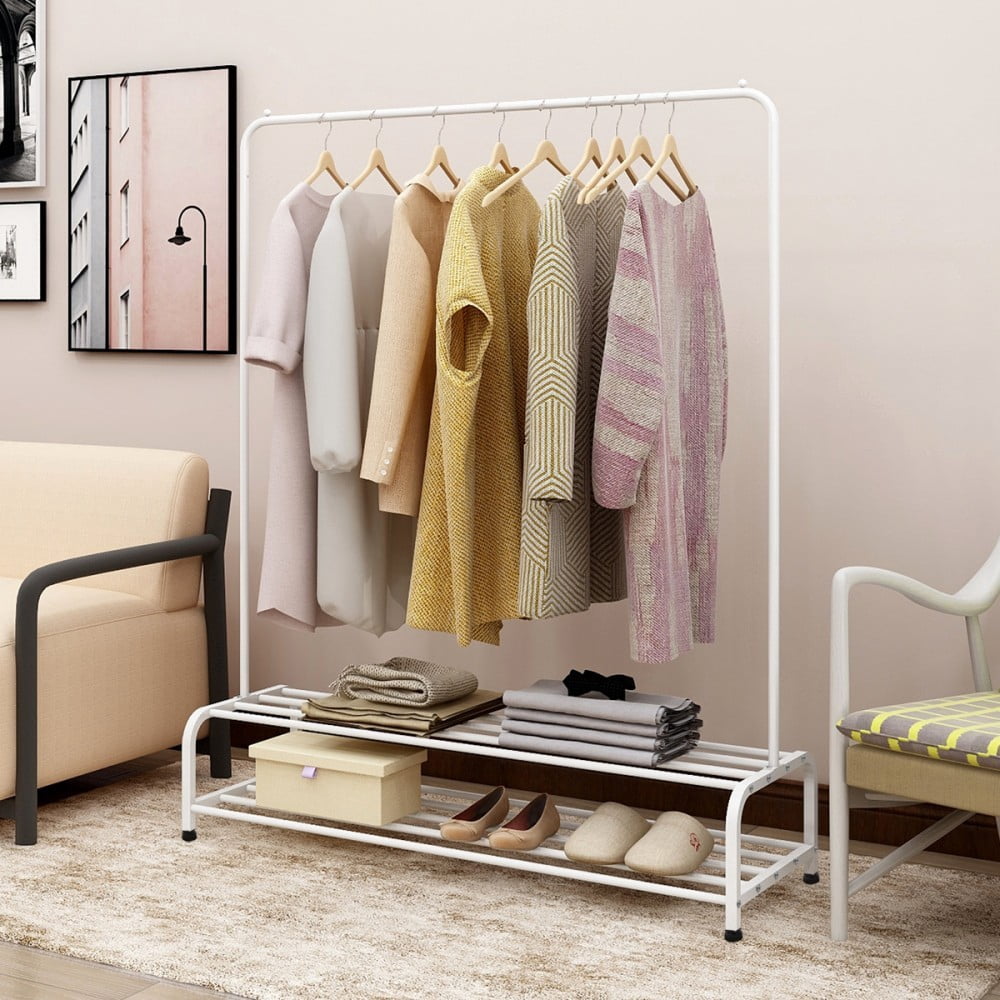 Heavy Duty Garment Rack, Metal Clothes Rack with Bottom Shelf, Freestanding Clothing Rack for Bedroom, Laundry Room, Entryway, Small Spaces, White