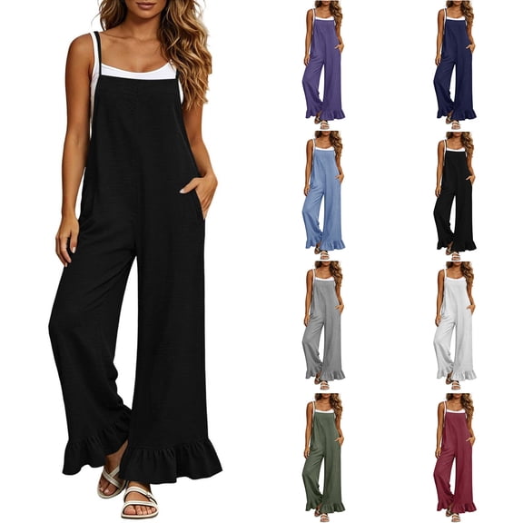 Jumpsuits for Women Zaewscy Women's Fashion Trend Solid Color Casual Loose Wide Leg Pants Adjustable Straps Jumpsuit Black L