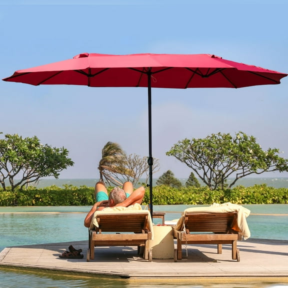 Gymax Outdoor Patio Umbrella 15' Market Umbrella Double-Sided with Crank