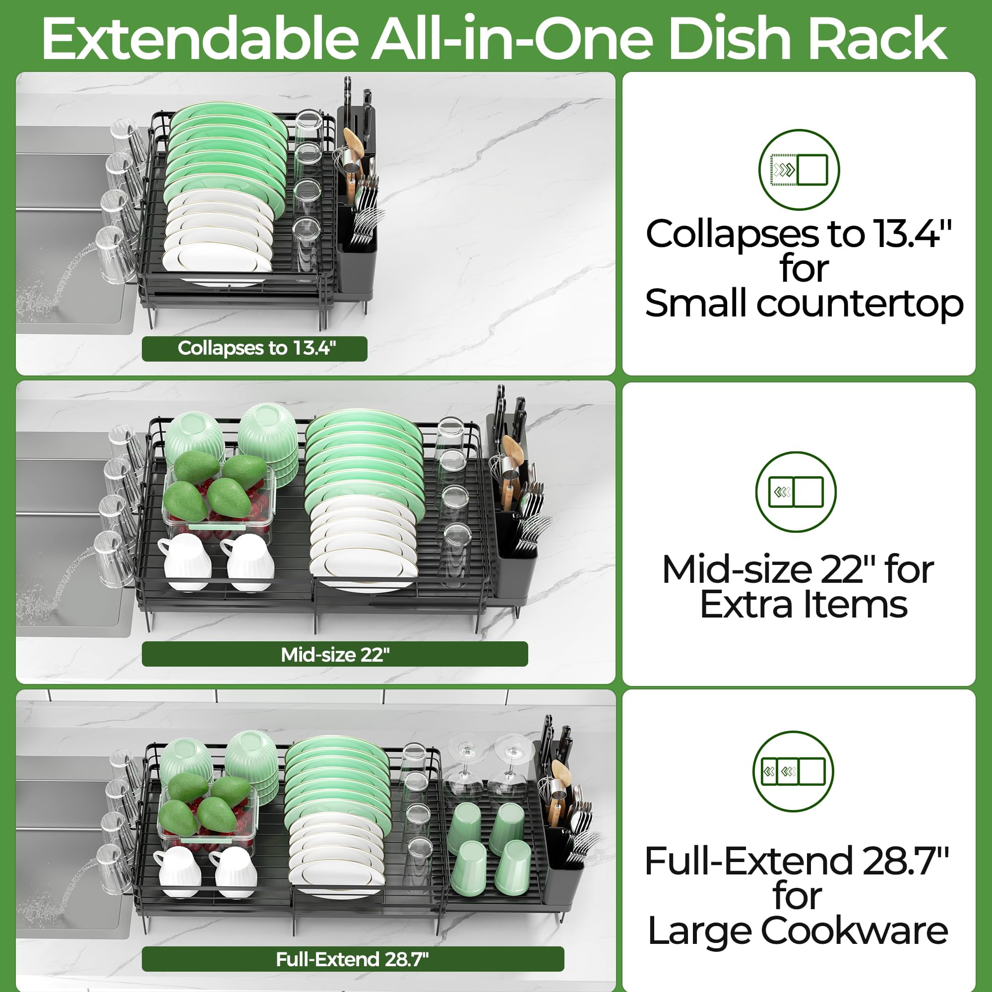 Dish Drying Rack Extendable Stainless Steel Multifunctional Drainer Black-1 Tier
