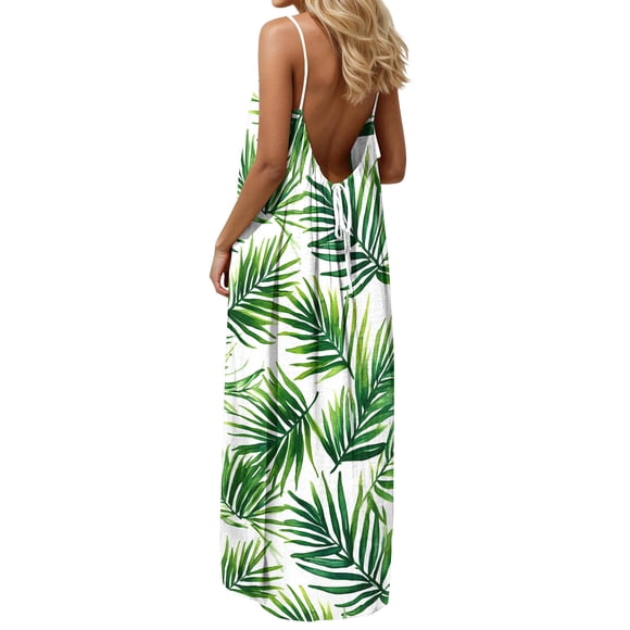 TaTaai Spring Backless Dress for Women Spaghetti Strap Printed Loose Fit Long Maxi Dress Sleeveless Casual Solid Color Soft Stretchy for Daily Outing Gift