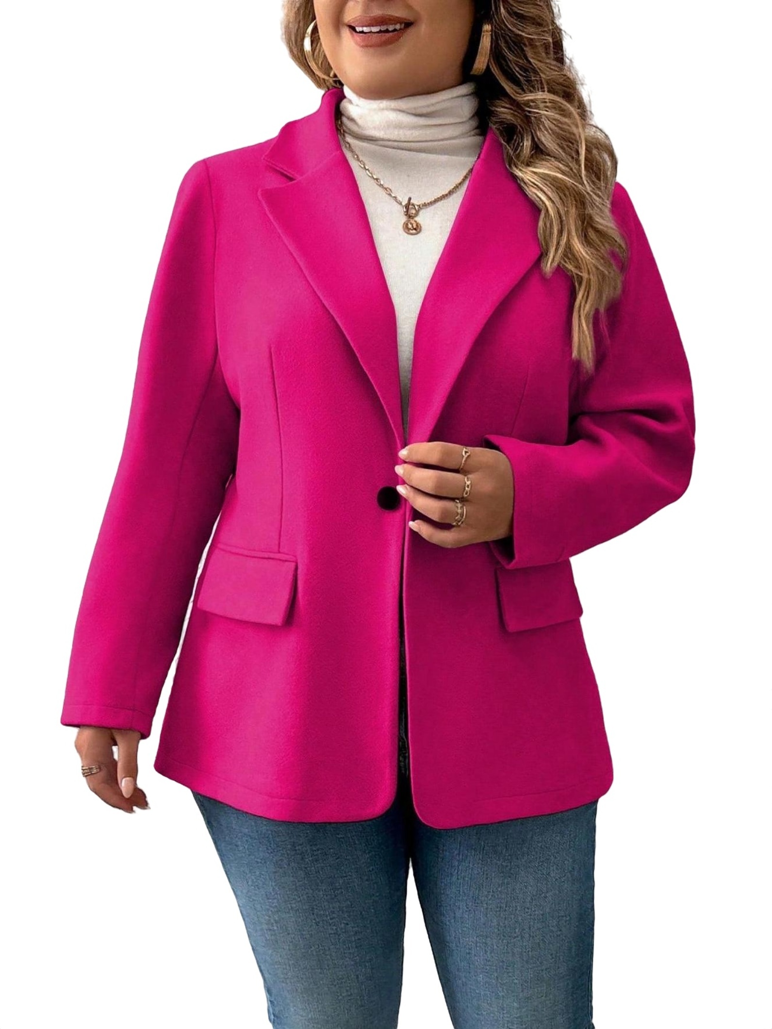 Elegant Plain Lapel Neck Long Sleeve Hot Pink Plus Size Blazers (Women ...