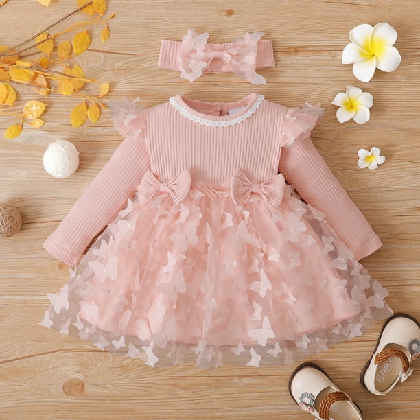 PatPat 2pcs Baby Girl Pink Mesh Dress Set,Ribbed Long Sleeve Splicing