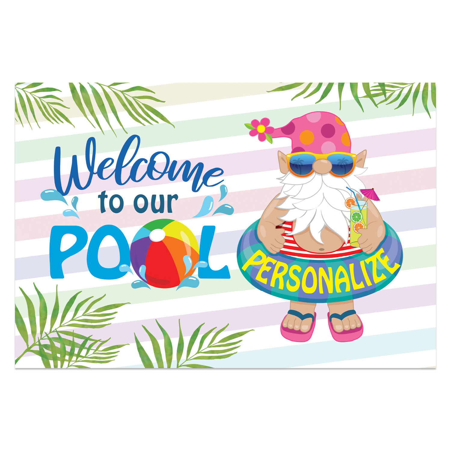 Personalized Planet 27x18 Welcome To Our Pool Doormat with Custom Family Name Printed on Colorful Rectangular 1/4” Thick Non Slip Mat with Gnome Character Design for Patio Deck or Porch