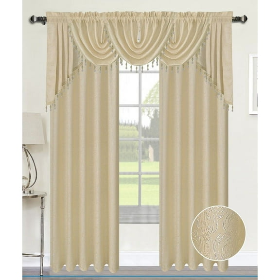 Luxury Home Textile Angelina Damask Beige Beaded Austrian Valance and Swag Curtains, 54” x 84”