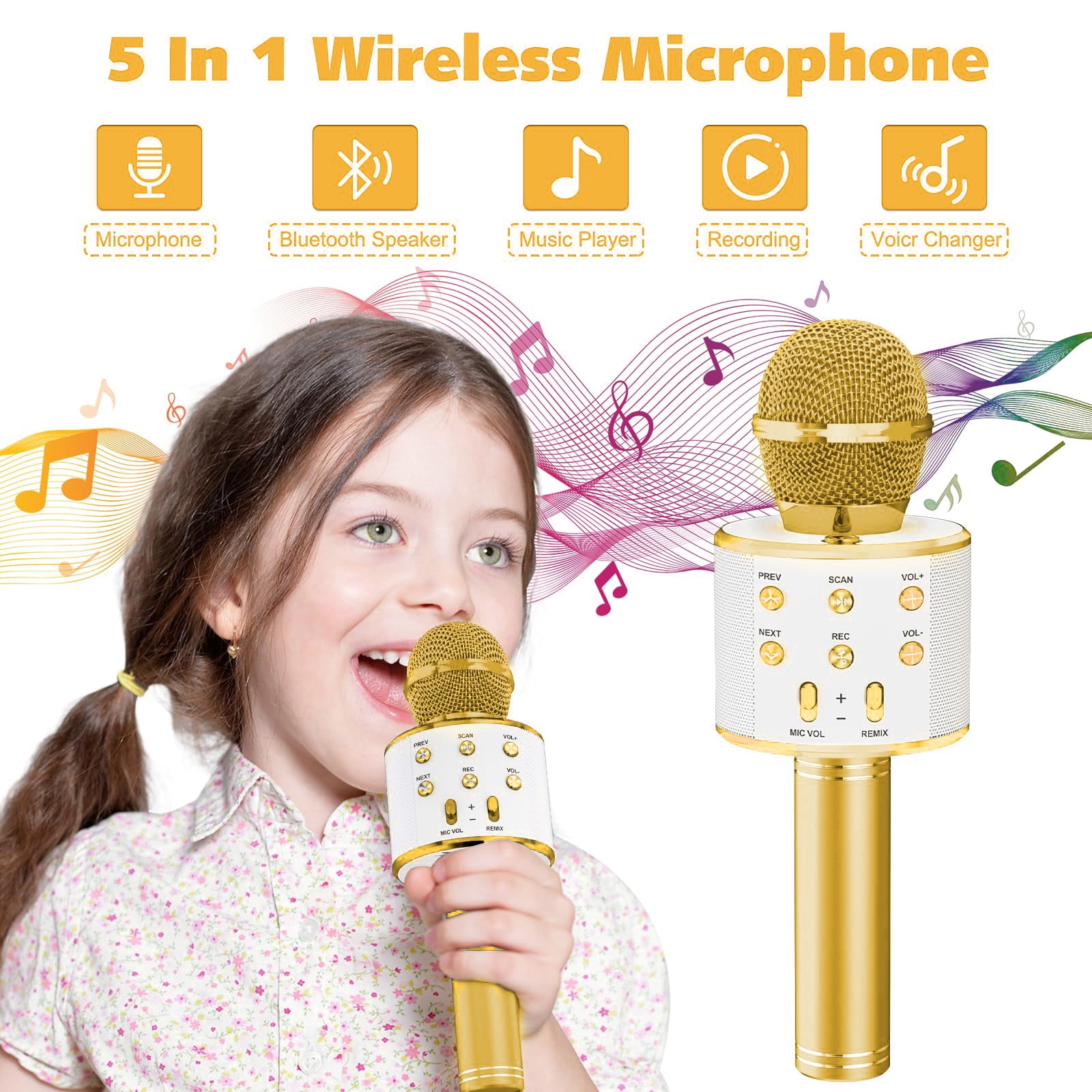 DAKIMOE Wireless Bluetooth Karaoke Microphone, Portable Handheld Singing Microphone for Kids Adults with Stereo Speaker and Voice Changer for All Smartphones, Gifts for Girls Kids Adults, Gold