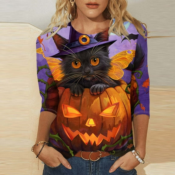 VKOYWKM Women's Tops Halloween Shirts 3/4 Sleeve Halloween Pumpkin Black Cat Graphic T Shirts Casual Round Neck Loose Fit Party Top