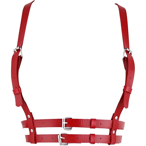 Chest Harness Women Fashion, Red Body Harness Adjustable, Double Layer Faux Leather, Metal Buckle, Lightweight Design