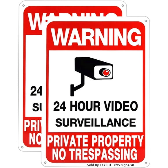 LAICAIW 24 Hour Video Surveillance Signs Private Property No Trespassing Sign 10x14 Aluminum UV Printed,Durable/Weatherproof Up to 7 Years Outdoor for Home and Business(2 Pack)