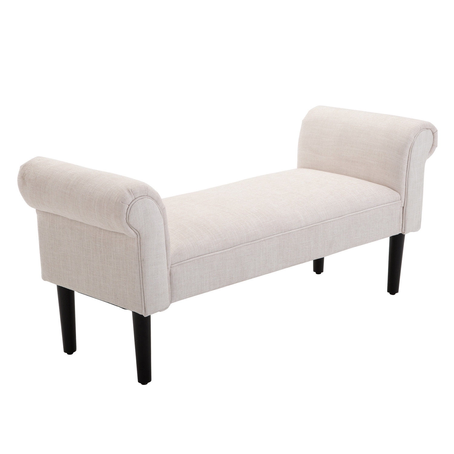 Cream White Linen Upholstered Ottoman Bench with Armrests