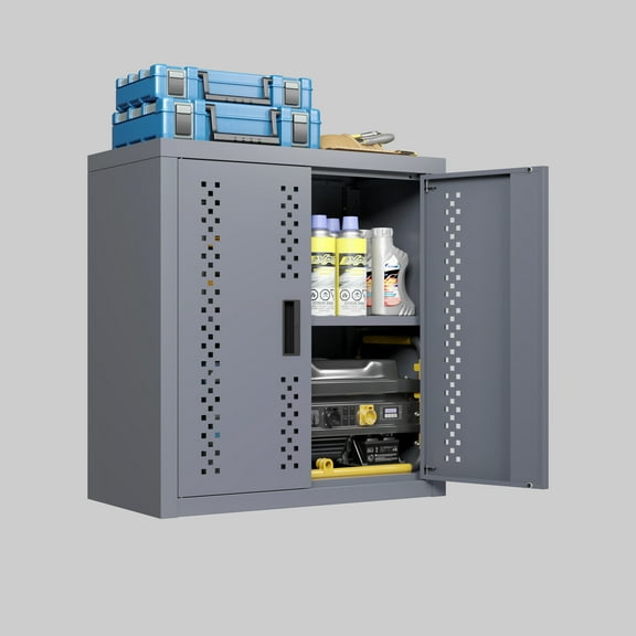 Wall Mounted Storage Cabinet with Door, 2-Shelf Metal Garage Cabinet, Floating Tool Locker for Basement, Kitchen, Laundry Room, Workshop (Gray, 14"H x 28"W x 26"D)