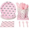 Serves 24 Panda Theme Party Supplies, 144pcs Disposable Paper Dinner Plates, Napkins, Cups and Cutlery Set for Baby Shower, Kids Birthday, Pink