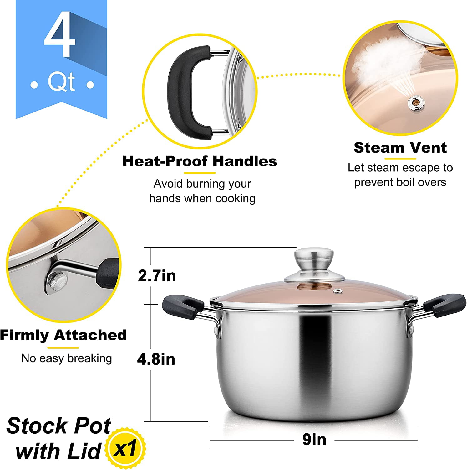 Vesteel 6 Quart Stock Pot, 18/10 Stainless Steel Metal Pasta Soup Pot with  Glass Lid for Cooking, Double Heat-Proof Handles, Heavy Duty & Dishwasher
