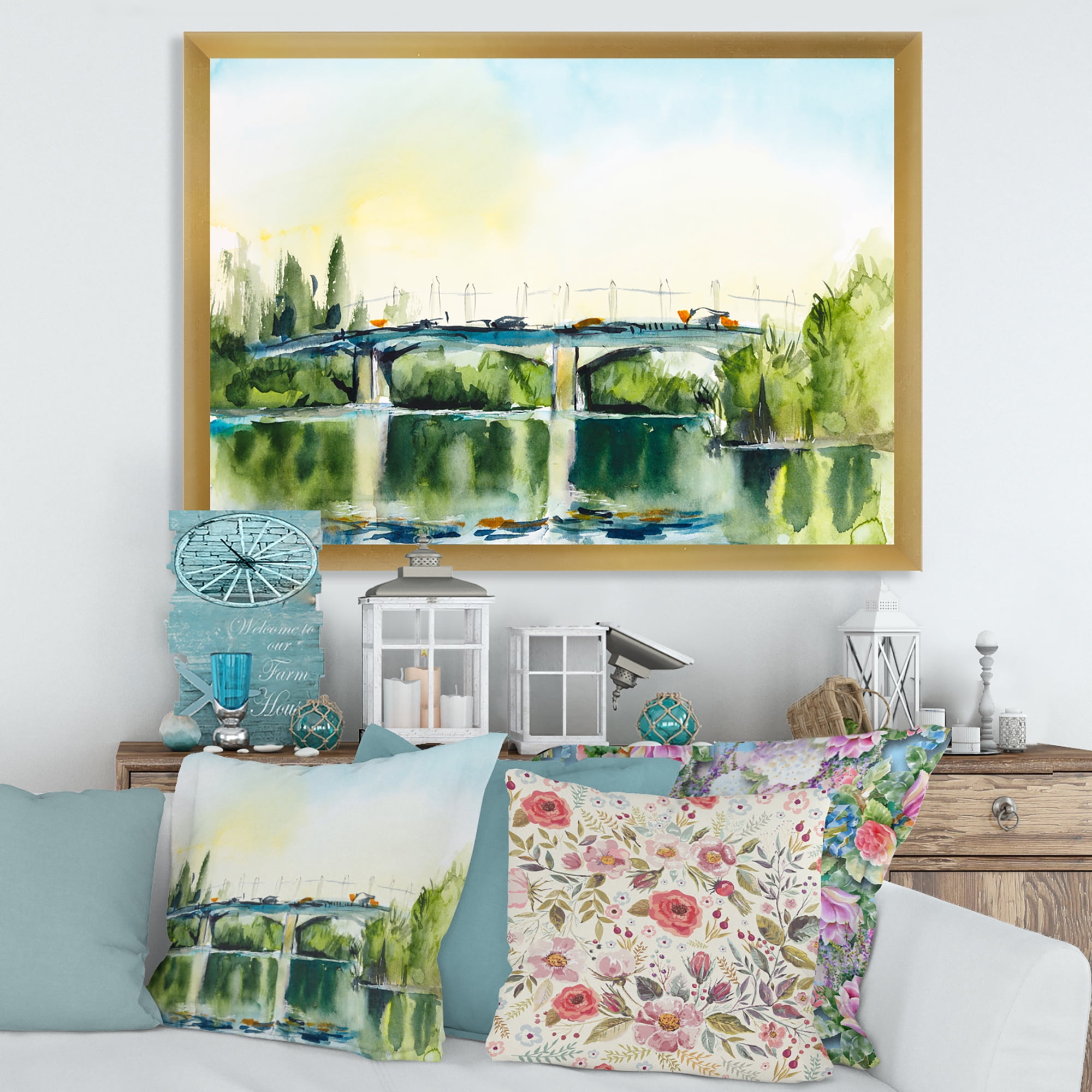 Designart 'Landscape With Old Bridge Over River In The Countryside' Traditional Framed Art Print