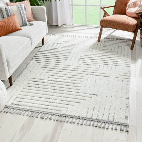 Well Woven Salem Gianna Modern Geometric Stripes Cream Grey High-Low Textured 7'10" x 9'10" Area Rug